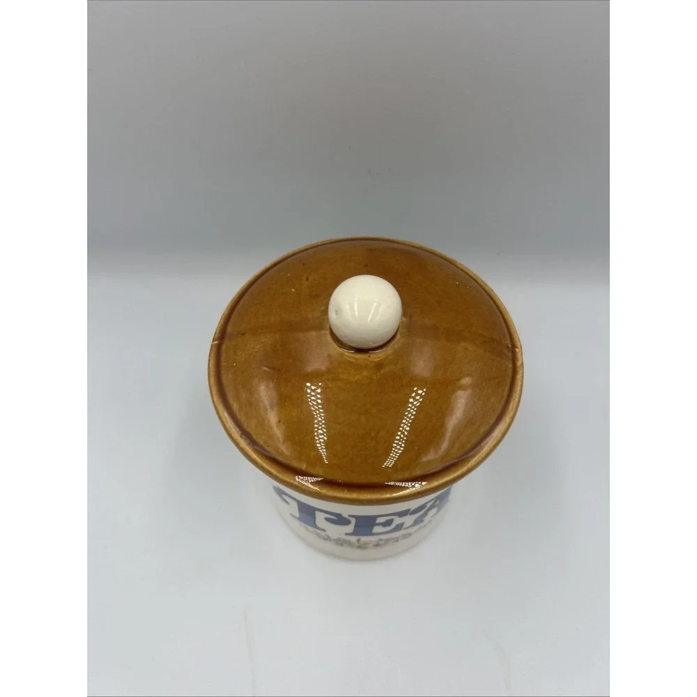 Vintage Glazed Ceramic Tea Canister‎ White Floral Blue Brown Lid Cabin Cottage